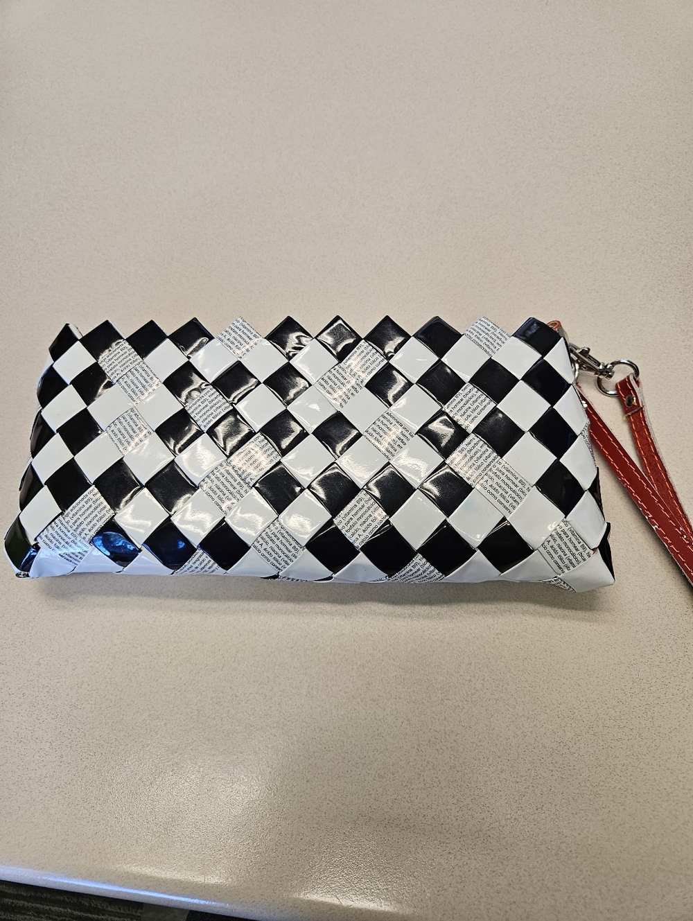 Nahui Ollin Black & White Woven Clutch with Red Wristlet